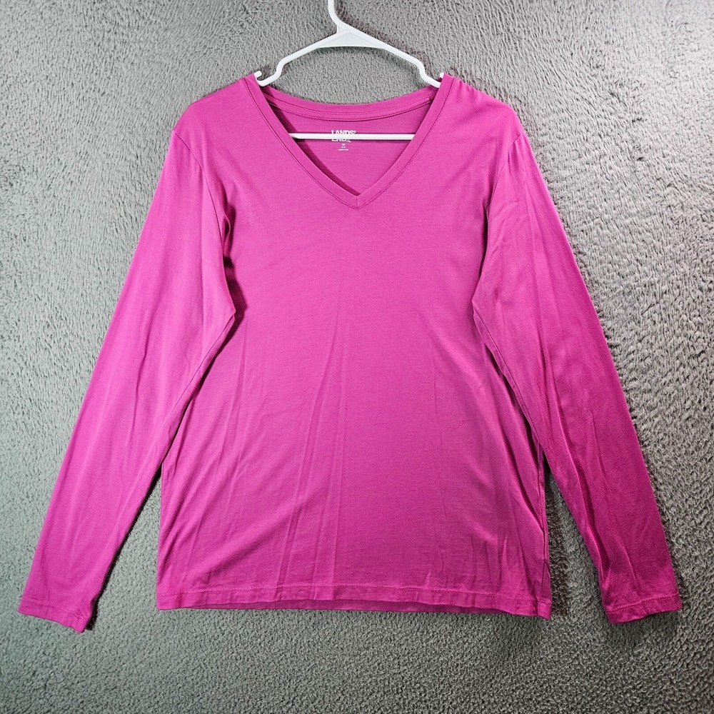 Lands' End Tee‎ Top Women Medium 10 12 V-Neck Long Sleeve Stretch Pink